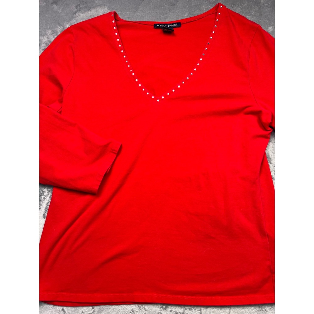 Boston Proper Red Rhinestone V-Neck Top 3/4 Sleeve Cotton Stretch Large